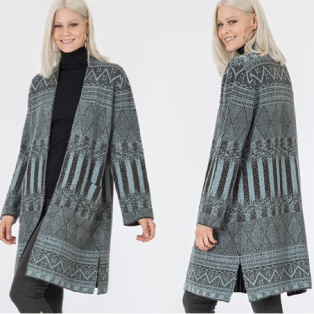 Vertigo París Longline Sweater Coat Jacket Open Patterned Charcoal Blue Smoke